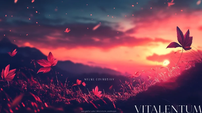 Scarlet leaves drift softly beneath a glowing dreamlike sunset