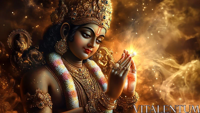 Digital deity figure holds glowing light amid ornate gold haze