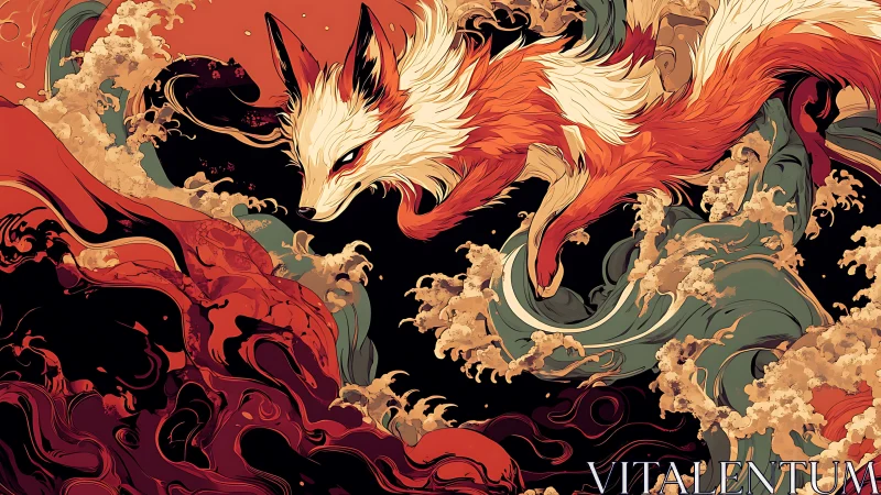 Fox of Burning Tides Leaping Through Inkstorm Seas.