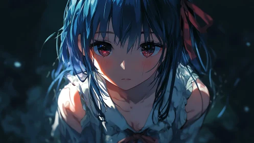 Blue haired anime girl gazes upward under low light