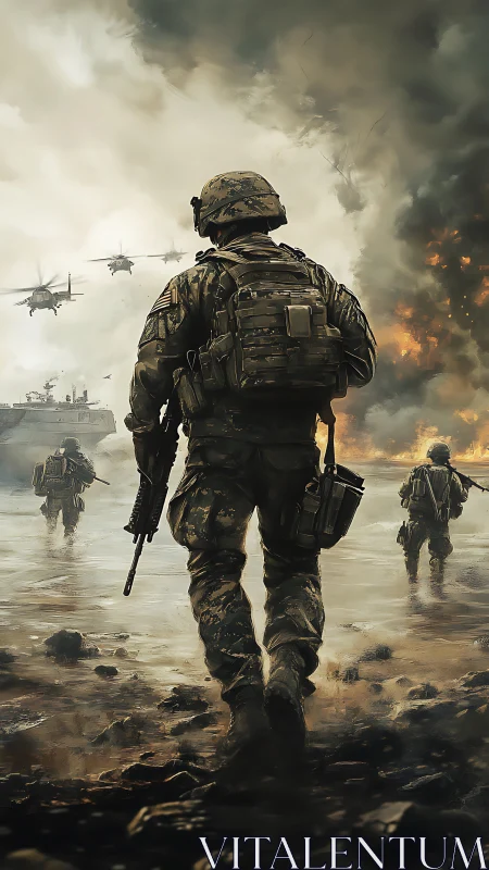 Soldiers advancing through firelit surf under stormy skies.