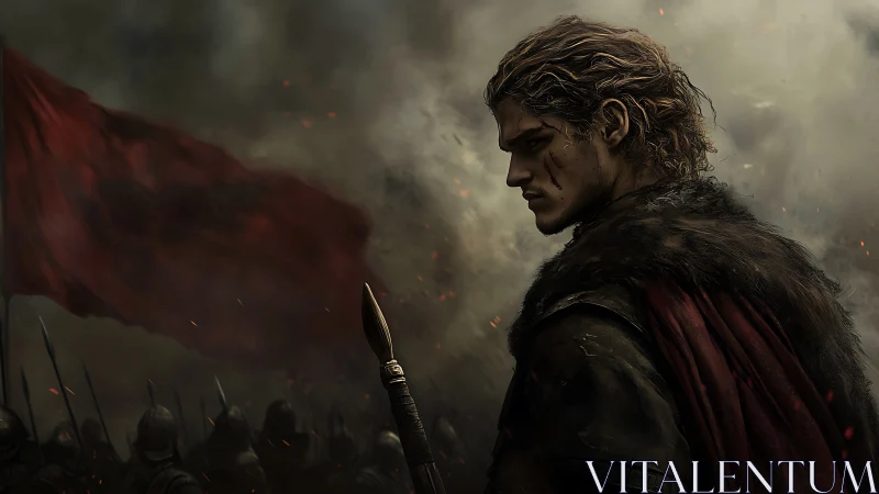 Battle-worn commander before crimson war banner in smoke