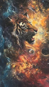 Cosmic tiger roars through swirling stellar nebula flames.
