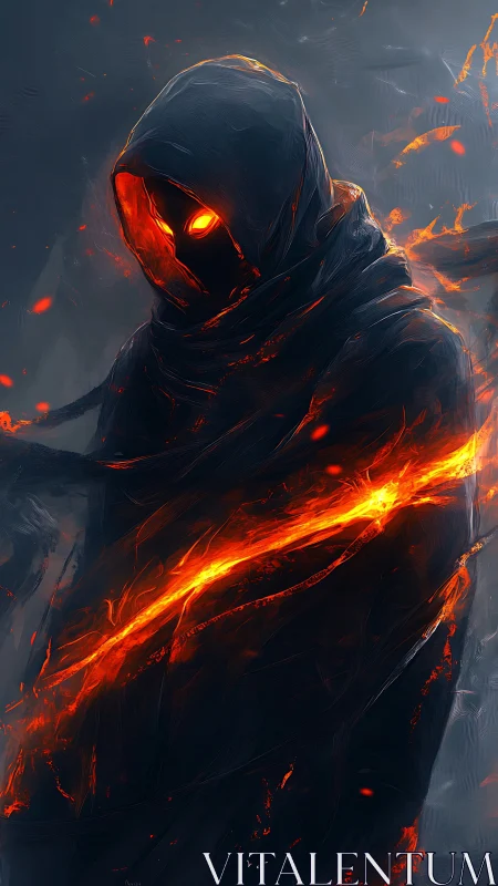 Hooded humanoid figure with molten fissures and ember gaze.