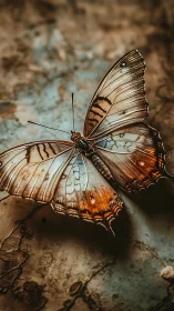 Weathered butterfly resting on textured stone surface.