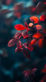 Scarlet leaves glow against deep teal dreamy background.