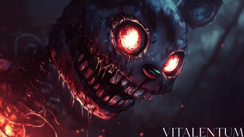 Decayed robotic bunny head with glowing eyes in darkness.