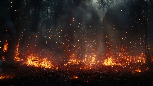 Inferno's Dance: Where Embers Waltz Through Darkened Forest