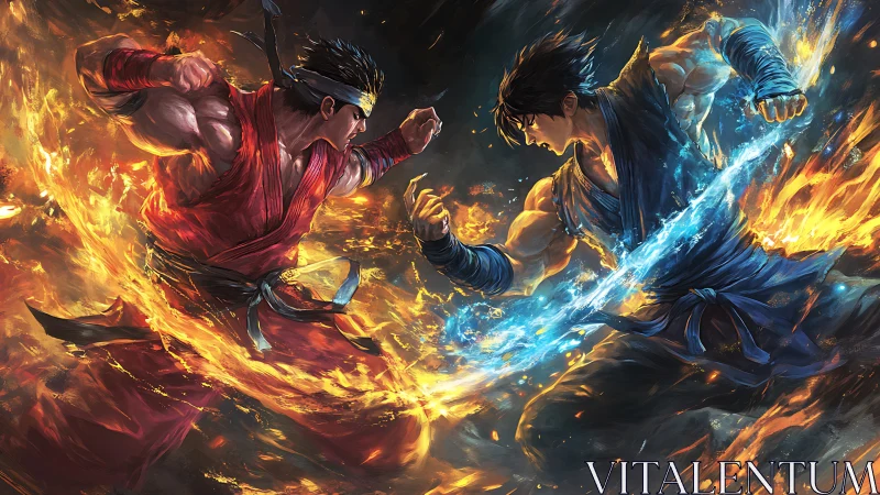 Elemental martial artists in opposing fire and water clash.
