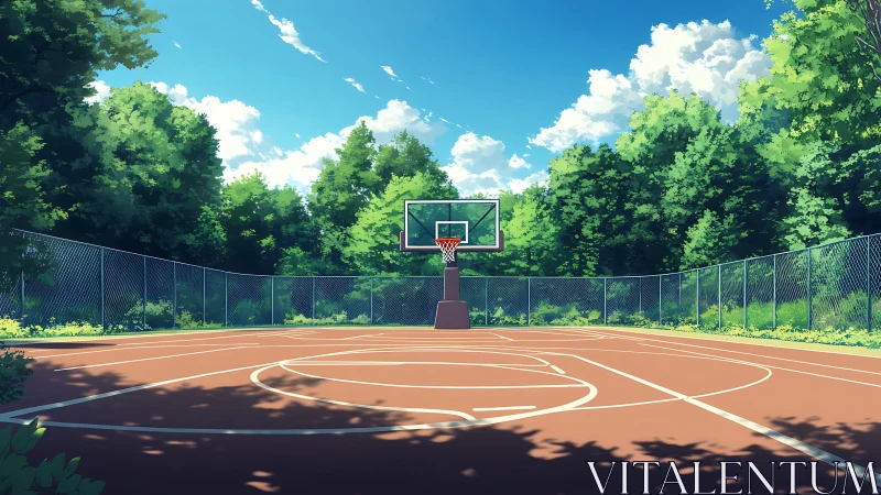 Sunlit park basketball court waits quietly under blue skies