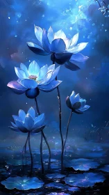 Blue lotus flowers rising from dark, reflective water at night.