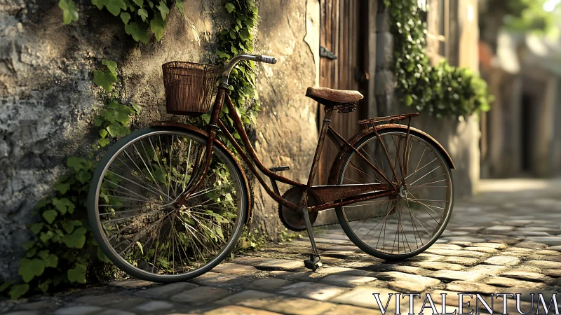 Vintage bicycle with basket against weathered stone wall