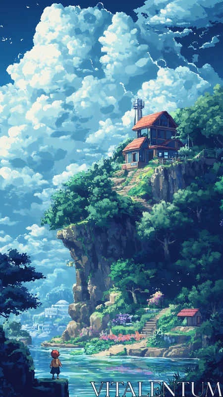 Cliffside residence over reflective river under convective clouds.