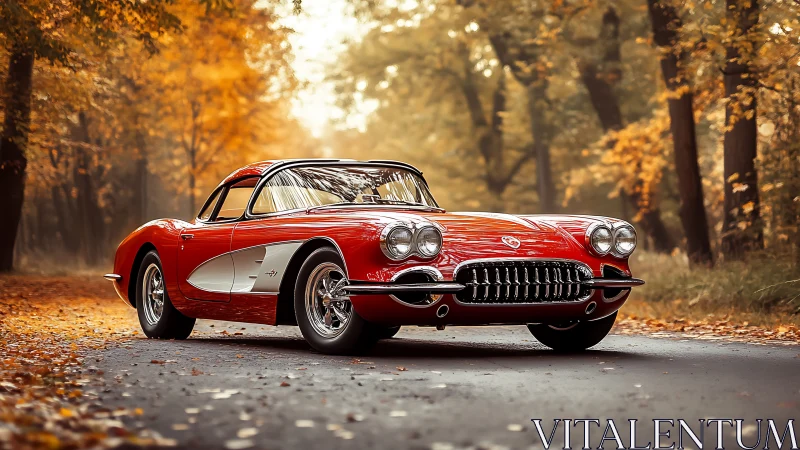 Red classic coupe parked on forest road in autumn light.