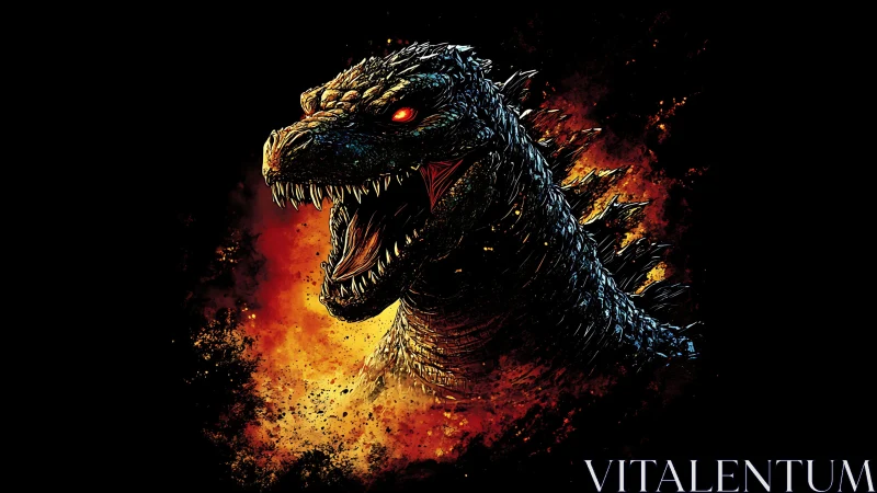 Reptilian kaiju head rendered against high contrast flames
