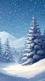 Snowfall serenade over quiet pines in a moonlit valley.