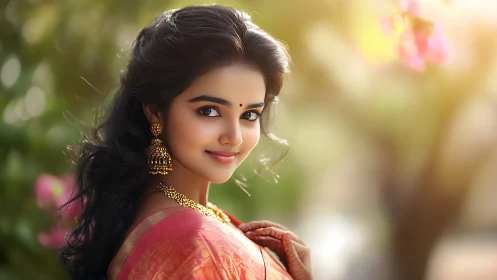 Optically luminous portrait in traditional saree attire.