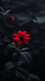 Dramatic Red Dahlia Against Desaturated Dark Foliage.