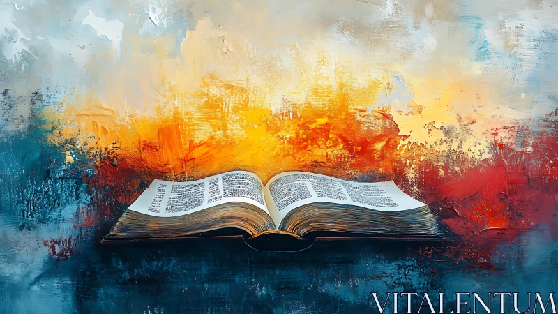 Open illuminated Bible amid fiery abstract color field