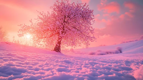 Solitary pink blossom tree in snowy hillside at sunset glow