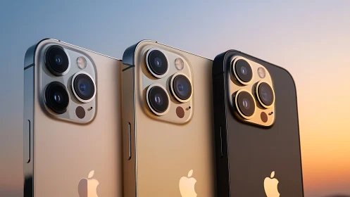 Three iPhone Pro models displayed with camera systems against twilight sky.