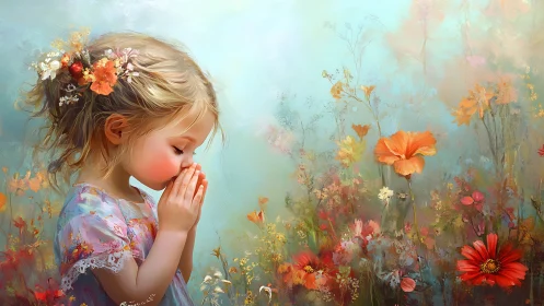 Child in floral bokeh field with atmospheric light scattering.