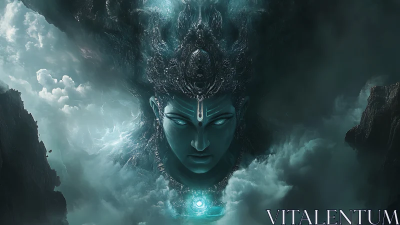 Colossal celestial deity emerges from storm-laden mountain void