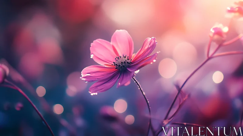 Pink Cosmos Flower with Dew Drops in Soft Focus Garden.