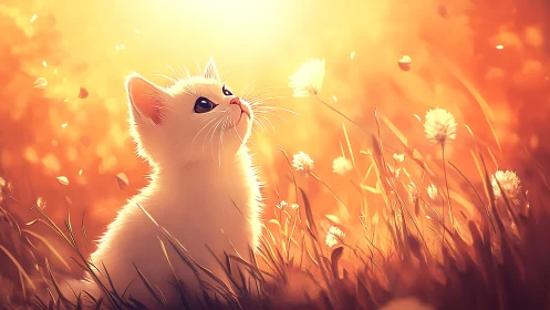 White kitten sits in tall grass under strong golden light