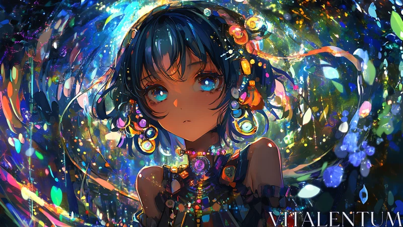 Holographic anime portrait of jeweled girl in prismatic bokeh field