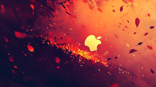 Glowing apple icon amid swirling autumn leaves storm.