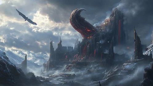 Dark citadel landscape with molten horned fortress architecture.