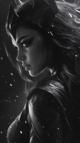 Monochrome armored sorceress portrait with dynamic rim lighting.