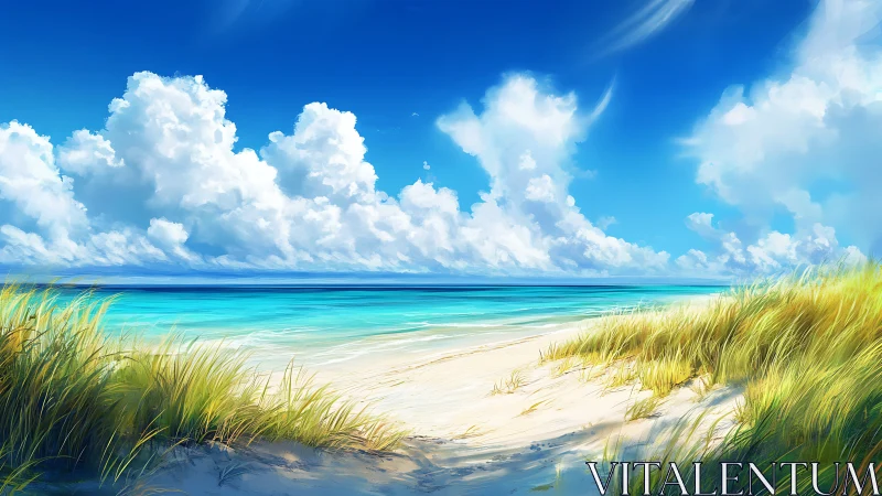 Tropical Beach Paradise with Azure Waters and Fluffy Clouds.