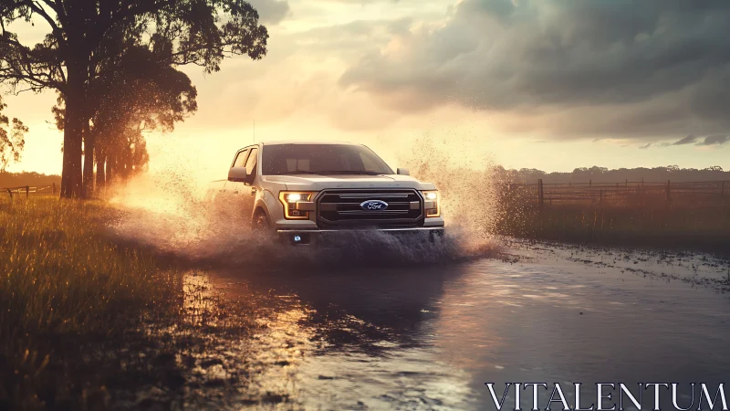 Ford pickup truck powers through rural sunset floodwater