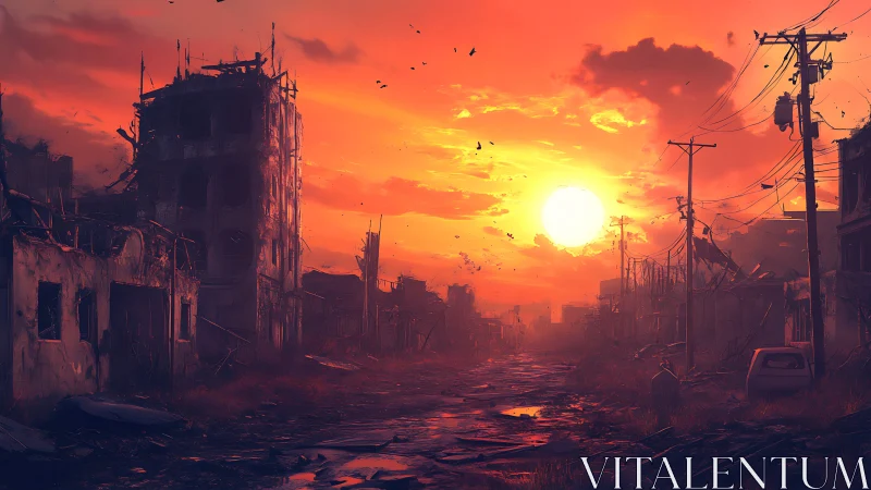 Sunset devours the ruins of a silent, broken city street