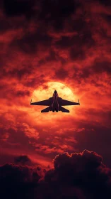 Jet fighter silhouette ascending against molten sunset sky.