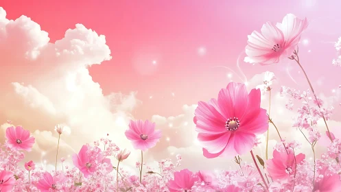 Pink Cosmos Flowers Blooming Against Soft Clouds Sky