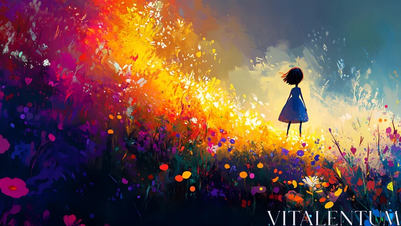 Silhouetted girl on radiant abstract wildflower hillscape.