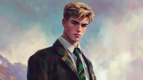 Digital portrait of blond youth in plaid blazer against sky.