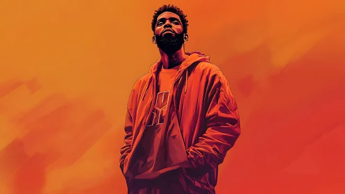 Digital painting portrait with bold monochrome orange field.