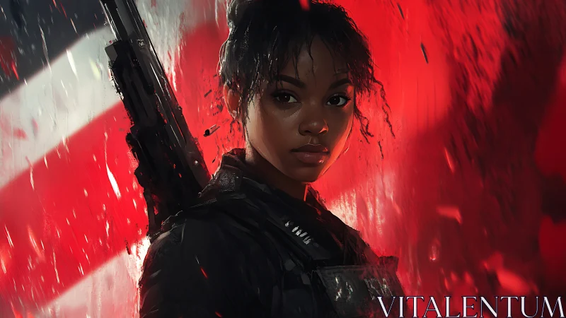 Female soldier portrait before red and white abstract field.