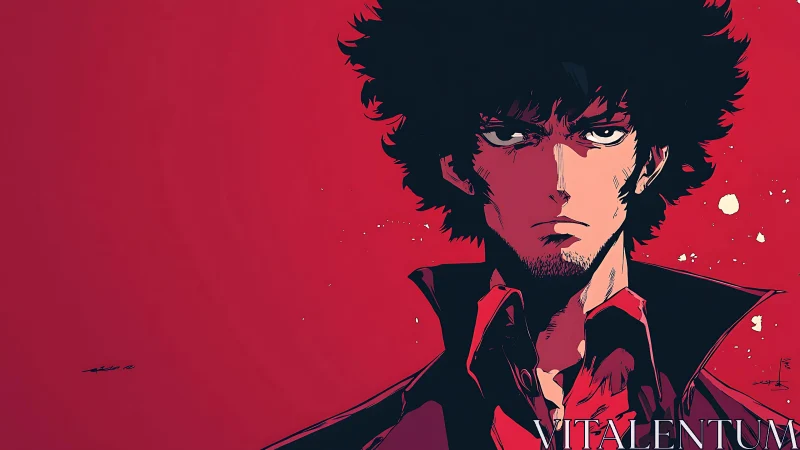 Brooding anime gunslinger on stark red backdrop.