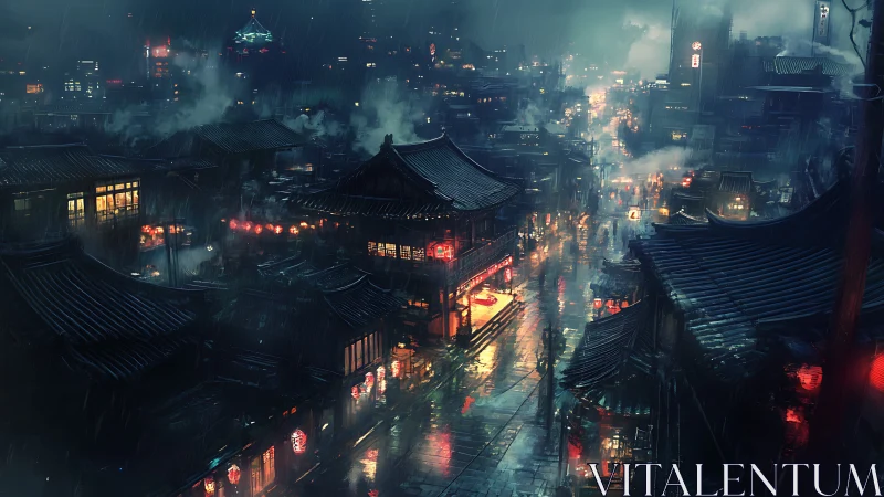 Rain-soaked neon street in dense East Asian city at night.