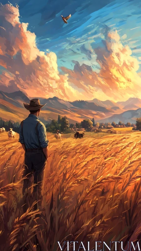 Sunlit wheat whispers while a lone farmer studies the sky