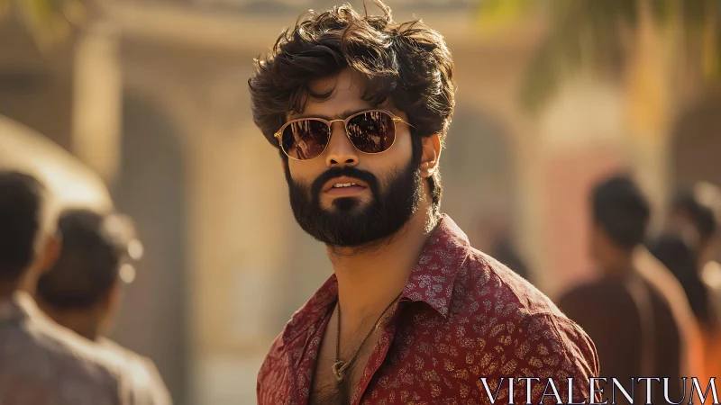 Bearded man in patterned shirt with sunglasses on sunlit street
