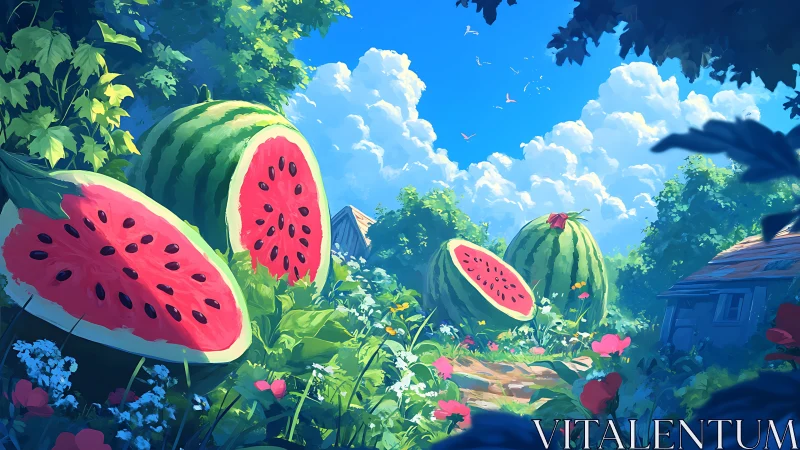 Sunlit garden path dotted with giant summer watermelons.