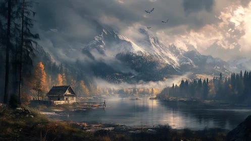 Lakeside cabin below dramatic snowy mountain range.