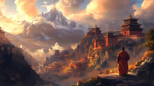 Monk Overlooks Sunlit Mountain Temples in Misty Valley.