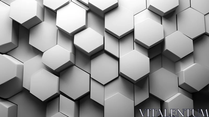 Monochrome 3D hexagonal blocks forming layered wall pattern.
